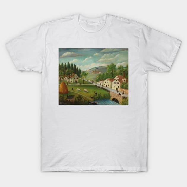 Pastoral Landscape with Stream, Fisherman and Strollers by Henri Rousseau T-Shirt by Classic Art Stall